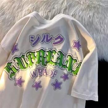 Футболка с круглым вырезом и принтом звездных букв для мужчин и женщин в стиле ретро, хип-хоп, летняя модная тенденция, повседневная уличная одежда, топ с короткими рукавами для пар, Harajuku S белый