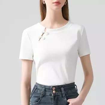 Футболка с круглым вырезом и пряжкой в стиле ретро S белый