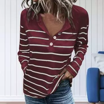 Футболка с круглым вырезом и пуговицами, полупланка с длинными рукавами, женский пуловер в полоску с принтом, топ 3XL темно-синий
