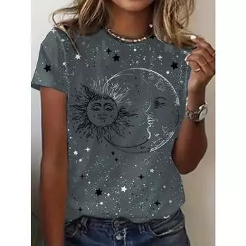 Футболка с круглым вырезом и ярким принтом галактики, короткие рукава, случайный принт, идеально подходит для летнего отпуска - женская повседневная футболка с круглым вырезом на весну и лето S чёрный