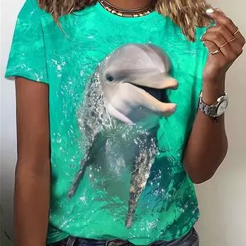 Футболка с круглым вырезом и ярким принтом «Дельфин» — женская повседневная футболка с коротким рукавом на весну и лето — мягкая, дышащая, свободного кроя одежда для женщин S