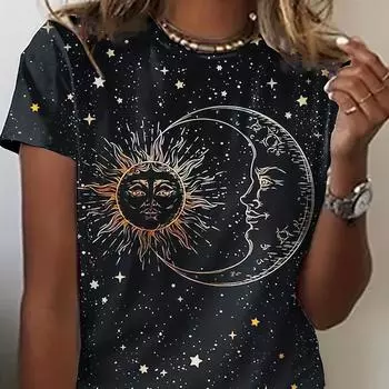 Футболка с круглым вырезом и ярким принтом галактики — стандартная длина, короткие рукава, идеально подходит для летнего отпуска — женская повседневная футболка с круглым вырезом S