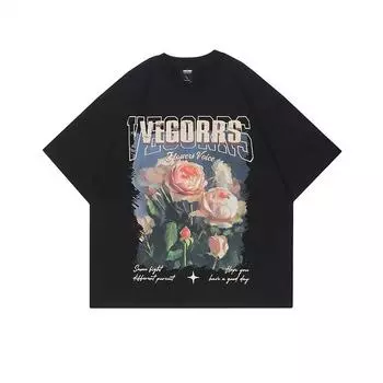 Футболка с круглым вырезом и рисунком розы в стиле ретро для мужчин и женщин, летняя модная тенденция, повседневная уличная одежда, удобный топ с короткими рукавами для пар, Harajuku S белый