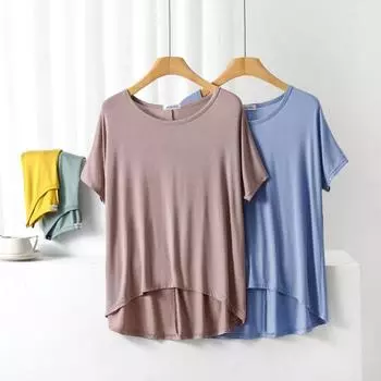 Футболка с круглым вырезом и рукавами «летучая мышь» для женщин, летняя, спереди короткая спинка, длинный короткий рукав, свободная, свободного покроя, тонкая базовая рубашка L бежевый