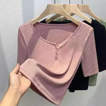 Футболка с круглым вырезом и рукавом-пятью для женщин, новый женский топ на раннюю осень, тонкая рубашка с рукавами средней длины S зелёный