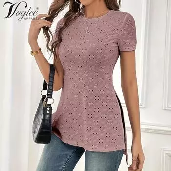 Футболка с круглым вырезом и вырезом по бокам, повседневный топ с короткими рукавами на весну и лето, женская одежда