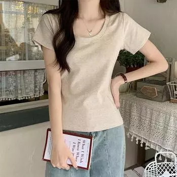 Футболка с круглым вырезом на правом плече и открытыми ключицами, короткими рукавами, для женщин, лето 2024, новый чистый хлопок, облегающий крой, внутренний топ с U-образным вырезом S