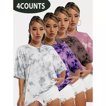 Футболка с круглым вырезом, окрашенная в технике тай-дай, повседневный спортивный топ с короткими рукавами для весны и лета, женская одежда, быстросохнущая L розовый