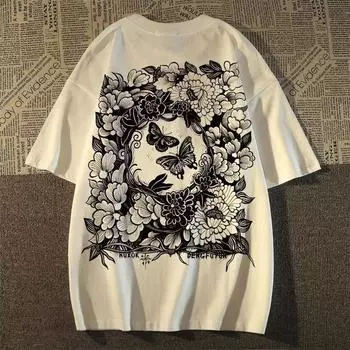 Футболка с круглым вырезом с цветочным принтом для мужчин и женщин Уличная одежда в стиле ретро Лето из чистого хлопка Модный тренд Повседневный удобный топ с короткими рукавами для пар Harajuku M белый