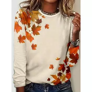 Футболка с круглым вырезом с цветочным принтом, повседневный топ с длинными рукавами на весну и осень, женская одежда S