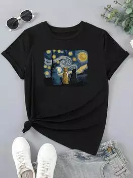 Футболка с круглым вырезом с кошачьим принтом, повседневный топ с короткими рукавами на весну и лето, женская одежда M