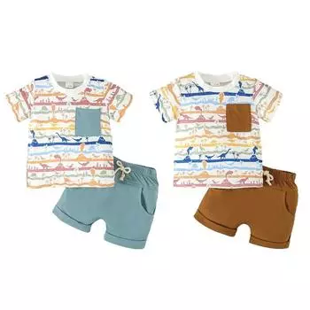 Футболка с круглым вырезом с принтом динозавра для маленьких мальчиков и однотонные шорты на шнурке, комплект одежды 12-18M