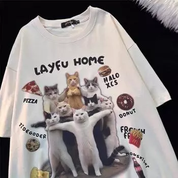 Футболка с круглым вырезом с принтом Fun Cat Mage Team для мужчин и женщин в стиле ретро, летняя модная тенденция, повседневный свободный удобный топ с короткими рукавами для пар, Harajuku S бежевый