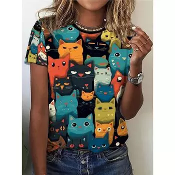 Футболка с круглым вырезом с принтом кошек, милая футболка с коротким рукавом на весну и лето, женская одежда S
