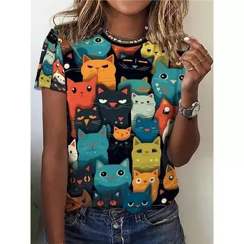 Футболка с круглым вырезом с принтом кошек, милая футболка с коротким рукавом на весну и лето, женская одежда XXS чёрный