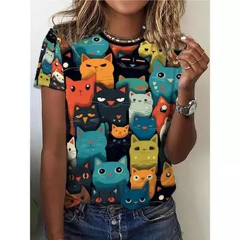 Футболка с круглым вырезом с принтом кошек, милая футболка с коротким рукавом на весну и лето, женская одежда S