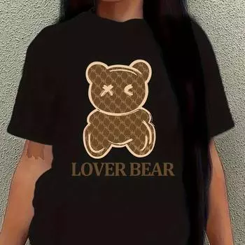 Футболка с круглым вырезом с принтом медведя и буквы, повседневный топ с короткими рукавами для весны и лета, женская одежда L белый
