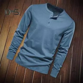 Футболка с круглым вырезом в стиле ретро, пуговицами, длинным рукавом, однотонным принтом, приталенным джемпером, мягкая дышащая футболка, уличная одежда M чёрный