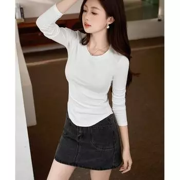 Футболка с круглым вырезом, женская, с длинным рукавом, осенняя, новая, нерегулярная, изогнутая, утягивающая рубашка S