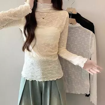 Футболка с кружевным низом и полуводолазкой во французском стиле для женщин на осень и зиму, а также теплый бархатный топ с длинными рукавами S