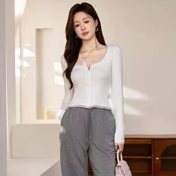 Футболка с кружевом и бархатным дизайном Sense Button, женская, с длинным рукавом, осенняя, новая, короткий топ S