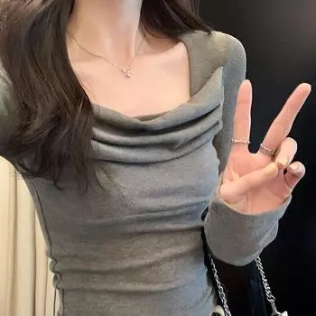 Футболка с квадратным воротником, плиссированная, с длинными рукавами, базовая, облегающая, для женщин, осень и зима, новый стиль, внутренняя одежда, утягивающая, короткая, чистая похоть, топ S
