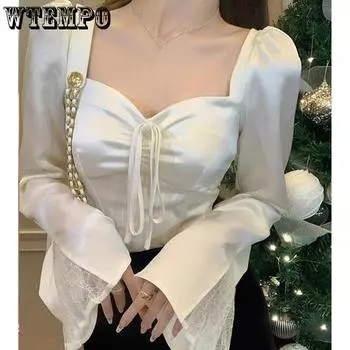 Футболка с квадратным вырезом и длинными рукавами, женская блузка, Hotsweet, сексуальная, тонкая, кружевная, с расклешенными рукавами, в ретро-стиле, офисная, женская, летняя S абрикосовый