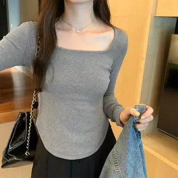 Футболка с квадратным вырезом и длинными рукавами для женщин, осень, новая облегающая рубашка для горячих девушек, универсальный верх с внутренней резьбой S