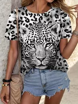 Футболка с леопардовым принтом, большие размеры, короткий рукав, летняя повседневная футболка с круглым вырезом, женская футболка с принтом в стиле винтаж, уличная мода, 3D S