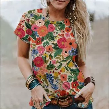 Футболка с летним цветочным принтом, 3D-принт, женская уличная одежда, короткий рукав, футболки Harajuku, свободные топы Y2k, футболки, женская одежда XS