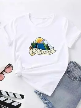 Футболка с летним принтом, женские футболки с рисунком Harajuku, корейская повседневная модная футболка с короткими рукавами Harajuku, белая футболка с круглым вырезом S белый