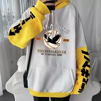 Футболка с логотипом аниме Haikyuu Karasuno Volleybalal Club Harajuku унисекс мода хип-хоп большие толстовки с длинным рукавом уличная одежда XS чёрный