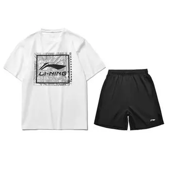 Футболка с логотипом и однотонные шорты Li Ning Sports Lifestyle Series, повседневный спортивный комплект для мужчин, белый, черный, AHST469-1+AKST633-1, M