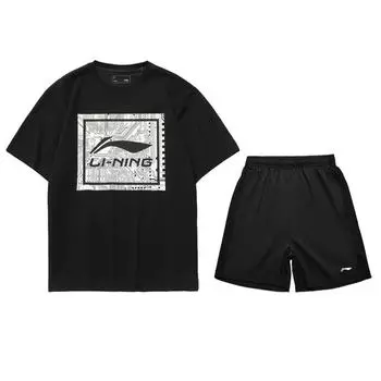 Футболка с логотипом и однотонные шорты Li-Ning Sport Lifestyle Series, повседневный спортивный комплект для мужчин, черный цвет AHST469-2+AKST633-1 L