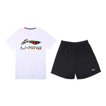 Футболка с логотипом Li-Ning и эластичным поясом, прямые шорты, повседневный спортивный костюм, мужские комплекты, белый, черный YHST175-2+YKST053-1 L