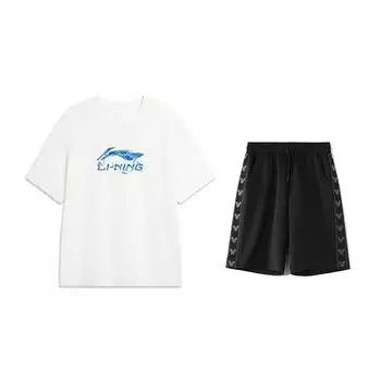 Футболка с логотипом Li Ning, с круглым вырезом и короткими рукавами, удобная, универсальная, приятная к коже, шорты, повседневный спортивный костюм AHSVD57-2+YKSV129-2 S