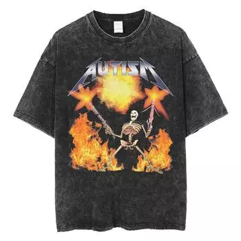 Футболка с мемом «Скелет аутизма» с изображением человеческого забавного черепа для женщин, унисекс, Harajuku, готика, винтажные стираные футболки, свободные повседневные хлопковые футболки 4XL чёрный
