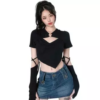 Футболка с металлическими пуговицами для девочек, сексуальный треугольный укороченный топ с длинными рукавами и завязками на пупке S