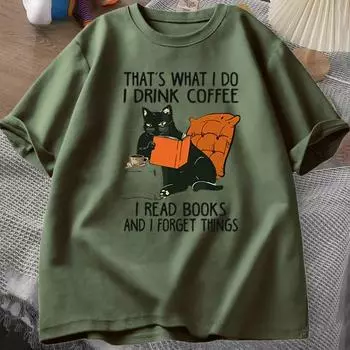 Футболка с милым котом для мужчин Футболки с принтом «Книги» и «Кофейный кот» Забавная дизайнерская хлопковая удобная мужская футболка Мужская одежда Футболки мужские S чёрный