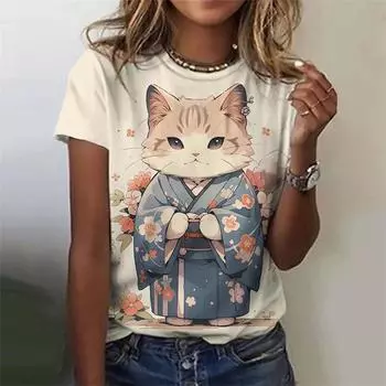 Футболка с милым котом с 3D-принтом для женщин, футболки с рисунком животных из мультфильмов, летние повседневные футболки с короткими рукавами и круглым вырезом, свободные футболки S