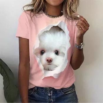 Футболка с милым котом с 3D-принтом для женщин, забавные футболки с рисунком животных, летние свободные футболки в стиле Харадзюку с короткими рукавами и круглым вырезом S