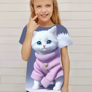 Футболка с милым принтом котенка для детей, с круглым вырезом и короткими рукавами, повседневная футболка для детей, для девочек, для летних видов спорта на открытом воздухе 170