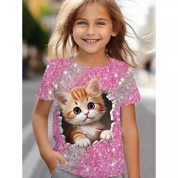 Футболка с милым принтом котенка для детей, с круглым вырезом и короткими рукавами, повседневная футболка для детей, для девочек, для летних видов спорта на открытом воздухе 170