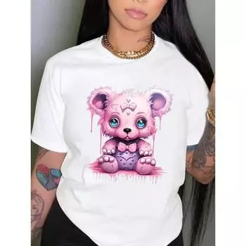 Футболка с милым принтом медведя для женщин, повседневная, с коротким рукавом, с круглым вырезом, одежда для девочек, весна и лето M