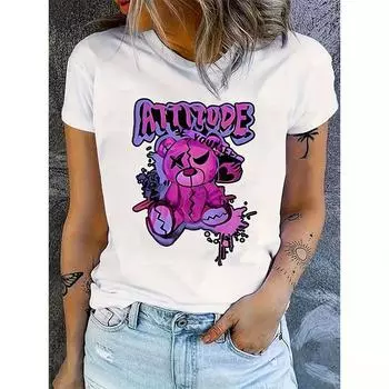 Футболка с милым принтом медведя, короткий рукав, шея, модная повседневная спортивная базовая одежда, летние женские графические футболки в стиле Харадзюку S
