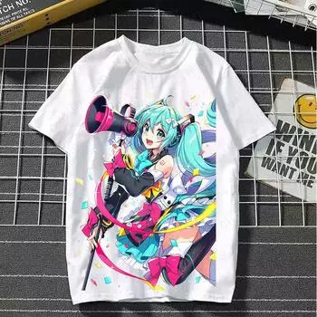 Футболка с милым принтом японского аниме-персонажа MIKU 2024 года, летняя женская и мужская футболка с 3D-принтом, уличная мода, повседневный стиль, короткий рукав для детей S