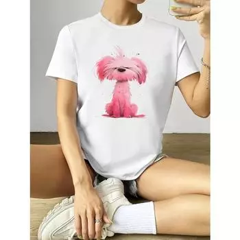 Футболка с милым принтом собаки, базовые футболки, стиль Харадзюку, весна-лето, женская футболка с коротким рукавом и горловиной, модная повседневная спортивная одежда S