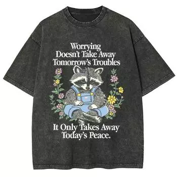 Футболка с милым рисунком енота, женская, стираная, хлопковая, свободного покроя, унисекс, с коротким рукавом, летняя S