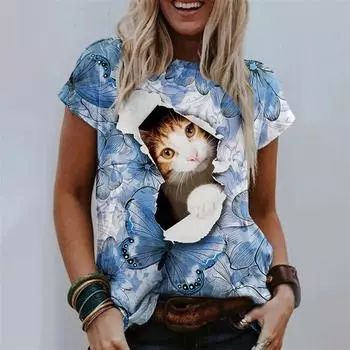 Футболка с милым рисунком кошки для женщин, футболки с короткими рукавами и принтом животных, летние повседневные свободные футболки, уличные топы с круглым вырезом S