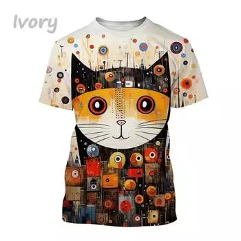 Футболка с милым рисунком кошки и 3D-принтом для мужчин и женщин, забавные футболки с коротким рукавом и принтом животных, модные повседневные детские футболки с круглым вырезом, уличная одежда S